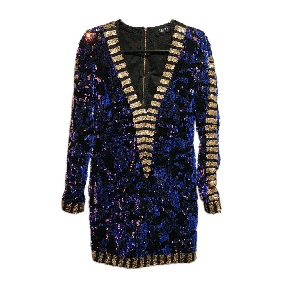 AKIRA Blue/Gold Sequin Low V-Neck Long Sleeve Bodycon Mini Dress Small